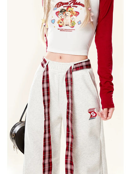 Natural red plaid strap casual sweatpants for women autumn new American straight wide leg sports long pants trendy