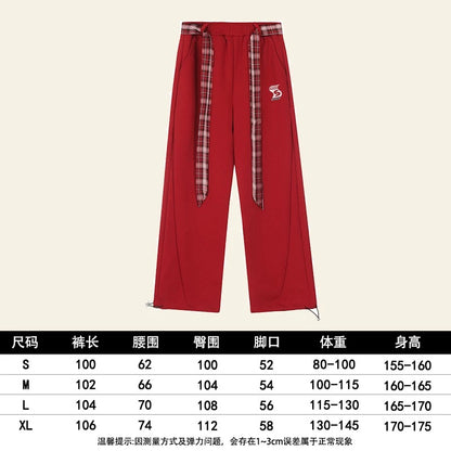 Natural red plaid strap casual sweatpants for women autumn new American straight wide leg sports long pants trendy