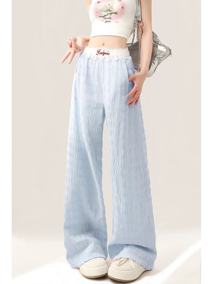 Natural and petite blue lace sweatpants for women, spring and autumn loose wide-legged casual walking pants