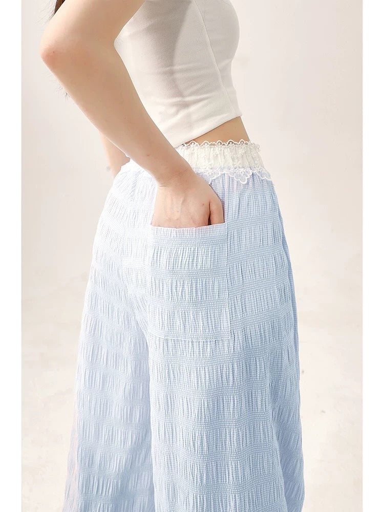 Natural and petite blue lace sweatpants for women, spring and autumn loose wide-legged casual walking pants