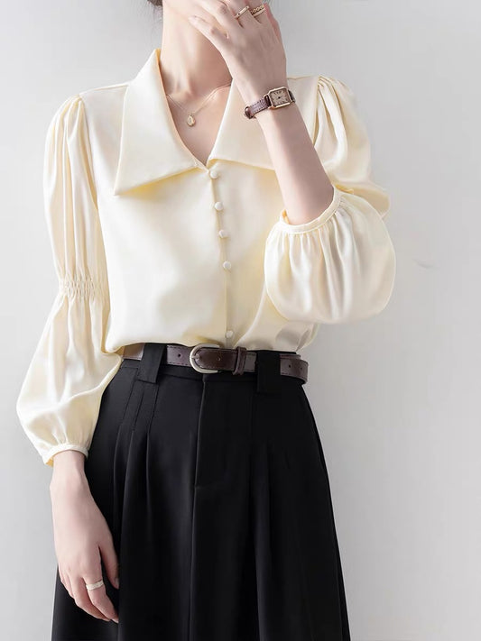 Shirt 2023 new style women's long-sleeved spring and autumn French retro shirt autumn and winter apricot lantern sleeve niche temperament top