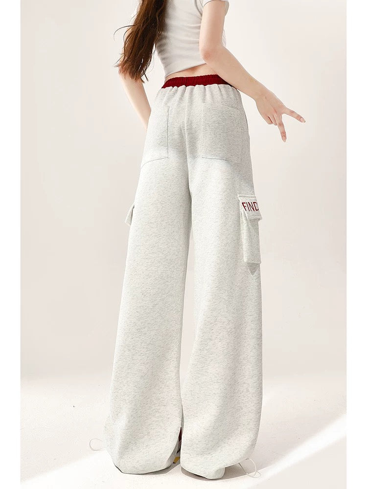 Gray overalls sweatpants for women, autumn American drawstring sweatpants, loose straight casual wide-leg jazz pants