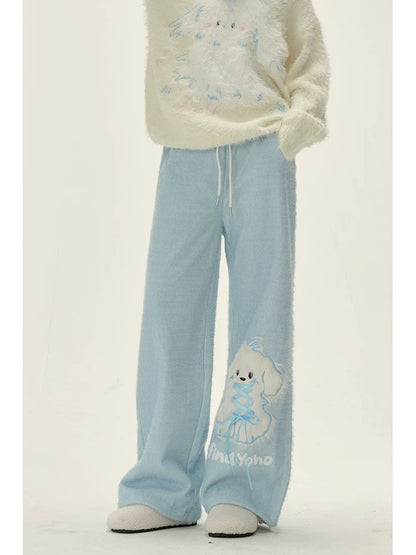 Natural and gentle blue plush puppy fun knitted glutinous rice pants for women in autumn and winter plus velvet loose straight long pants