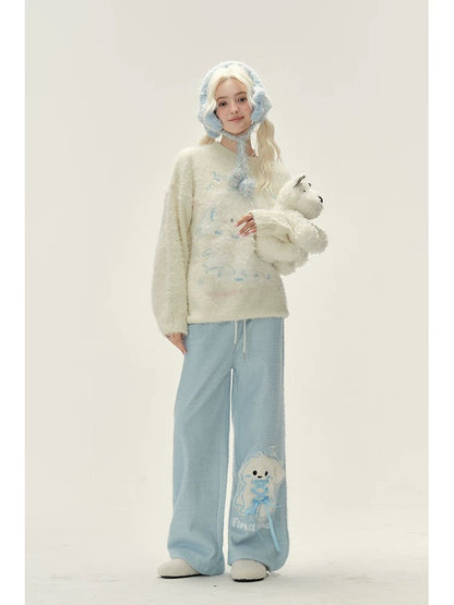 Natural and gentle blue plush puppy fun knitted glutinous rice pants for women in autumn and winter plus velvet loose straight long pants