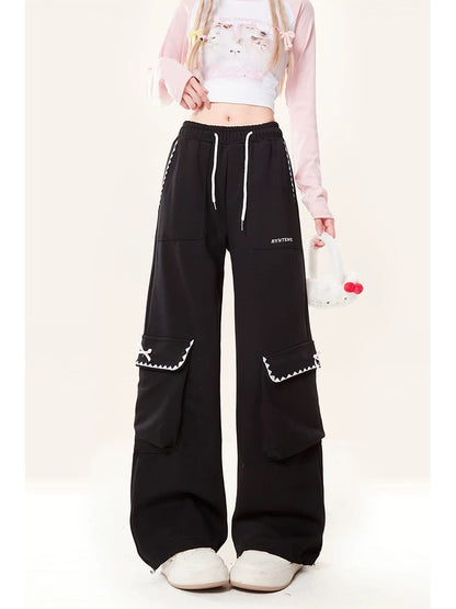 Natural black drawstring overalls for women 2024 autumn and winter new loose wide-leg hip-hop straight sports pants