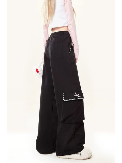 Natural black drawstring overalls for women 2024 autumn and winter new loose wide-leg hip-hop straight sports pants