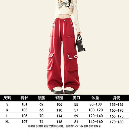 Natural black drawstring overalls for women 2024 autumn and winter new loose wide-leg hip-hop straight sports pants