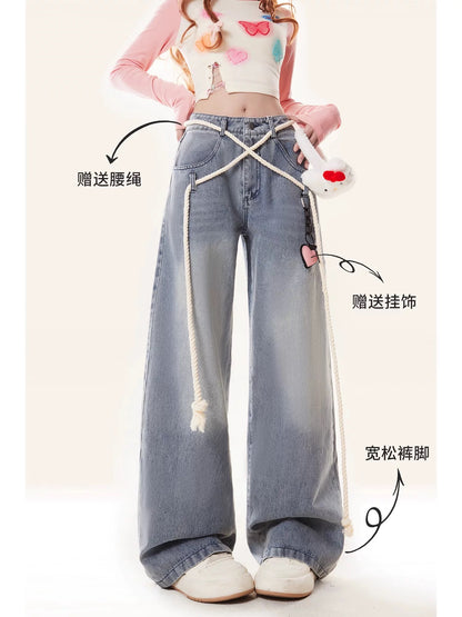 Light-colored strappy wide-leg jeans for women, spring and autumn style, American high-street loose, high-waisted, straight-leg slim blue long trousers