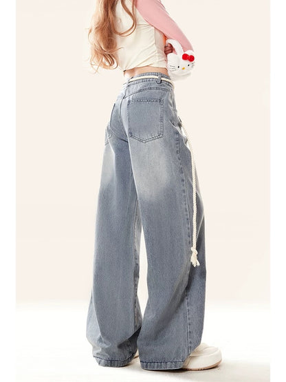 Light-colored strappy wide-leg jeans for women, spring and autumn style, American high-street loose, high-waisted, straight-leg slim blue long trousers