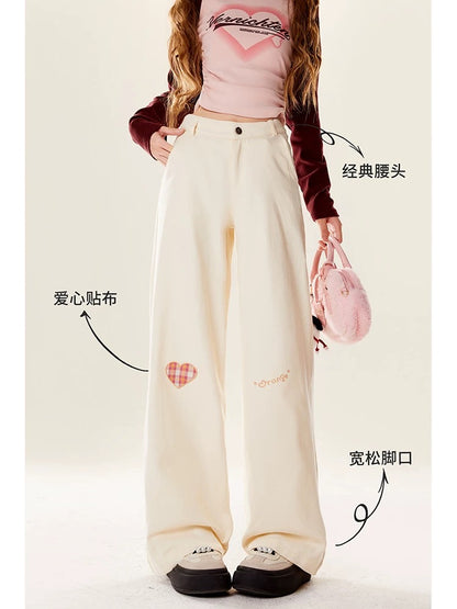 Naturally astringent and sweet love patch casual trousers for women 2024 autumn and winter new Korean style straight loose jeans