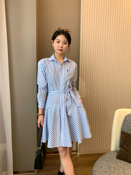 IN BLUE R’s same style 2090! Temperament polo collar French pony embroidered striped shirt dress for women