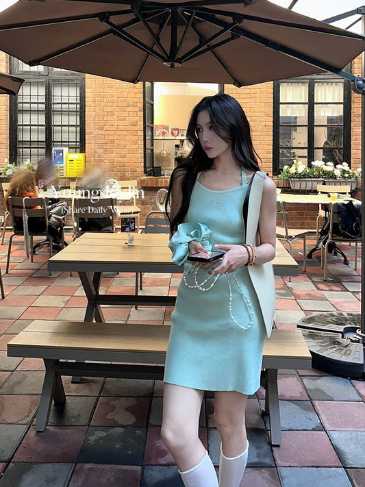 70 is not 70 French suspender dress for women early spring mint mambo wear waist bag hip skirt knitted short skirt