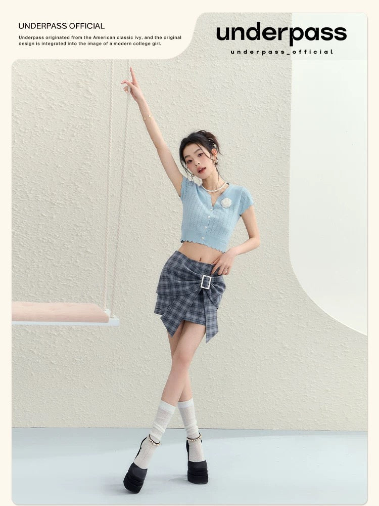 Underpass original design plaid three-dimensional high-waist bow skirt slimming short skirt for women