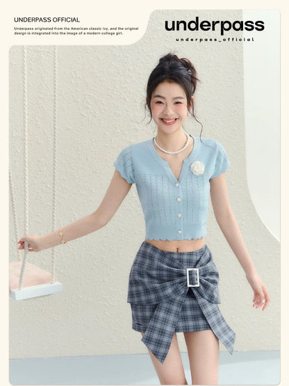 Underpass original design plaid three-dimensional high-waist bow skirt slimming short skirt for women