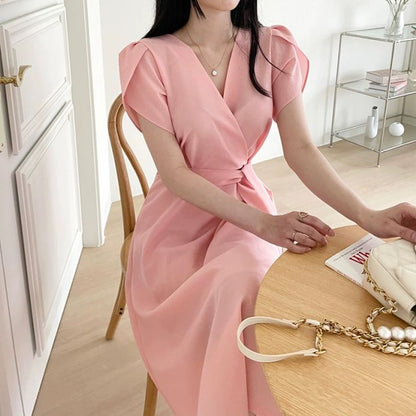 Korean chic summer temperament elegant cross V-neck lace-up waist slimming puff sleeve mid-length dress for women