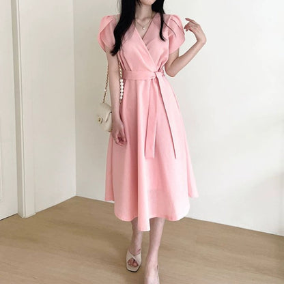 Korean chic summer temperament elegant cross V-neck lace-up waist slimming puff sleeve mid-length dress for women