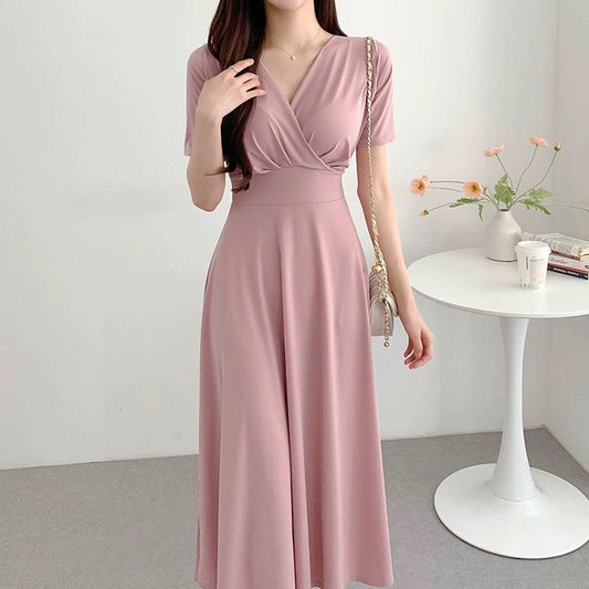 Korean chic summer new French V-neck cross pleated back lace-up waist short-sleeved dress long skirt for women