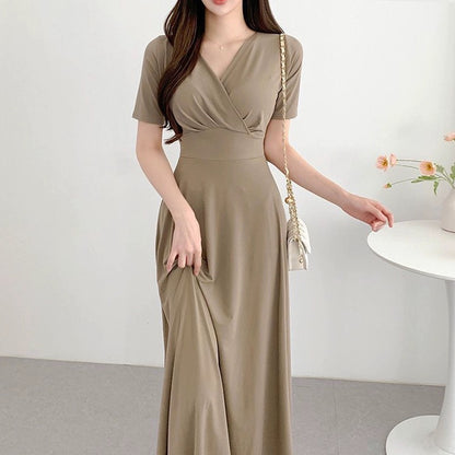 Korean chic summer new French V-neck cross pleated back lace-up waist short-sleeved dress long skirt for women