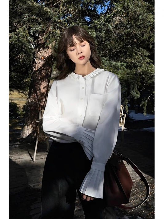 NEVA HU French lace white shirt women's loose 2024 autumn stand-up collar long-sleeved inner layered shirt