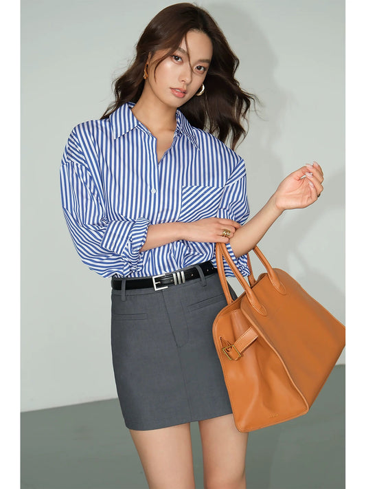 NEVA HU blue striped shirt women's loose 2024 autumn Korean style casual design niche long-sleeved shirt