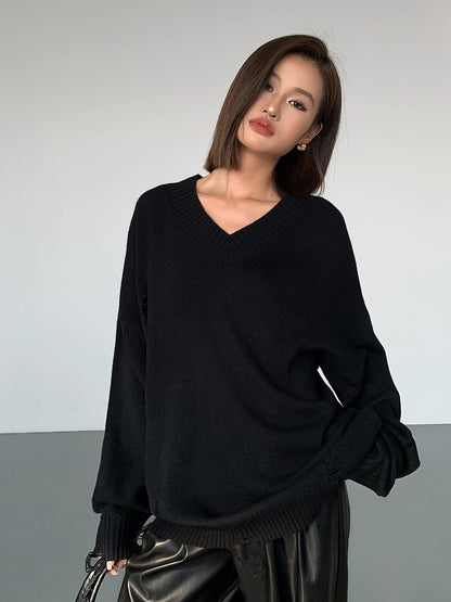 ousph Brown V-neck Loose Sweater Women's 2024 Autumn and Winter Distressed Holes Niche Temperament Bottoming Sweater