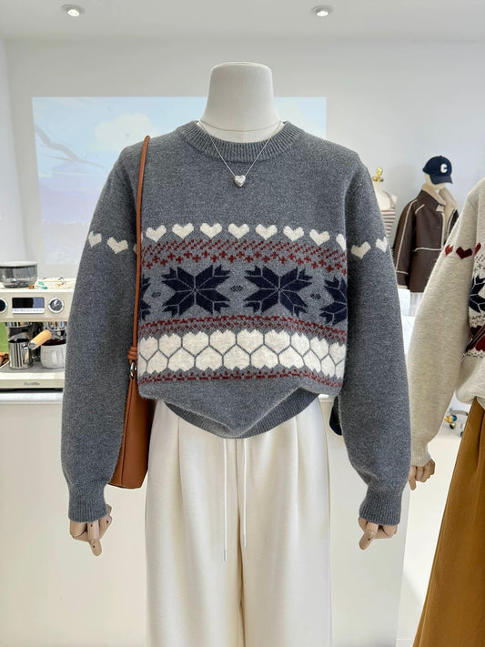 Autumn and winter new style lazy retro snowflake woven loose slim and warm round neck long-sleeved knitted pullover sweater for women