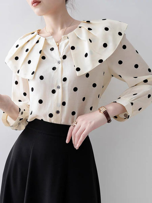 Apricot polka dot doll collar shirt 2024 early spring new women's top design niche French chiffon shirt