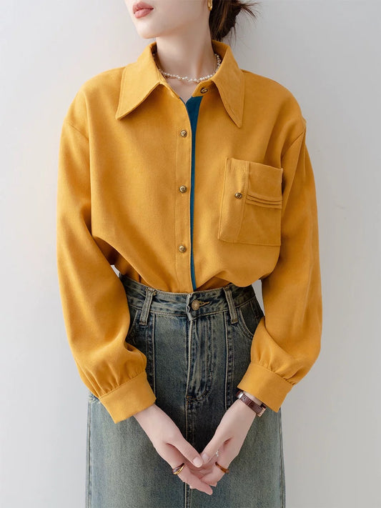 2024 early autumn new women's yellow polo collar shirt French retro long-sleeved shirt brushed layered top