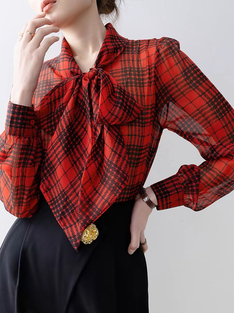 2024 spring women's V-neck bow plaid shirt early spring new French high-end shirt long-sleeved top