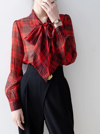 2024 spring women's V-neck bow plaid shirt early spring new French high-end shirt long-sleeved top