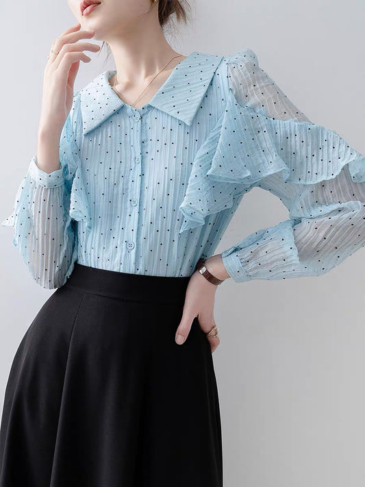 2024 early spring new women's blue polka dot long-sleeved shirt, chic and beautiful small top, ruffled chiffon shirt