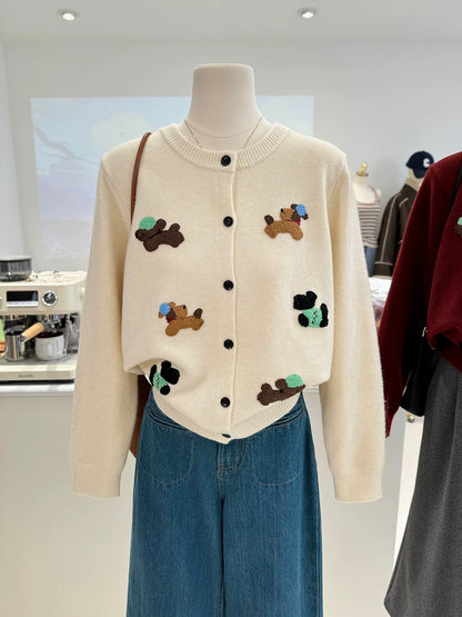 Winter versatile cartoon three-dimensional embroidery puppy Korean style loose age-reducing knitted sweater buttoned women's cardigan sweater jacket