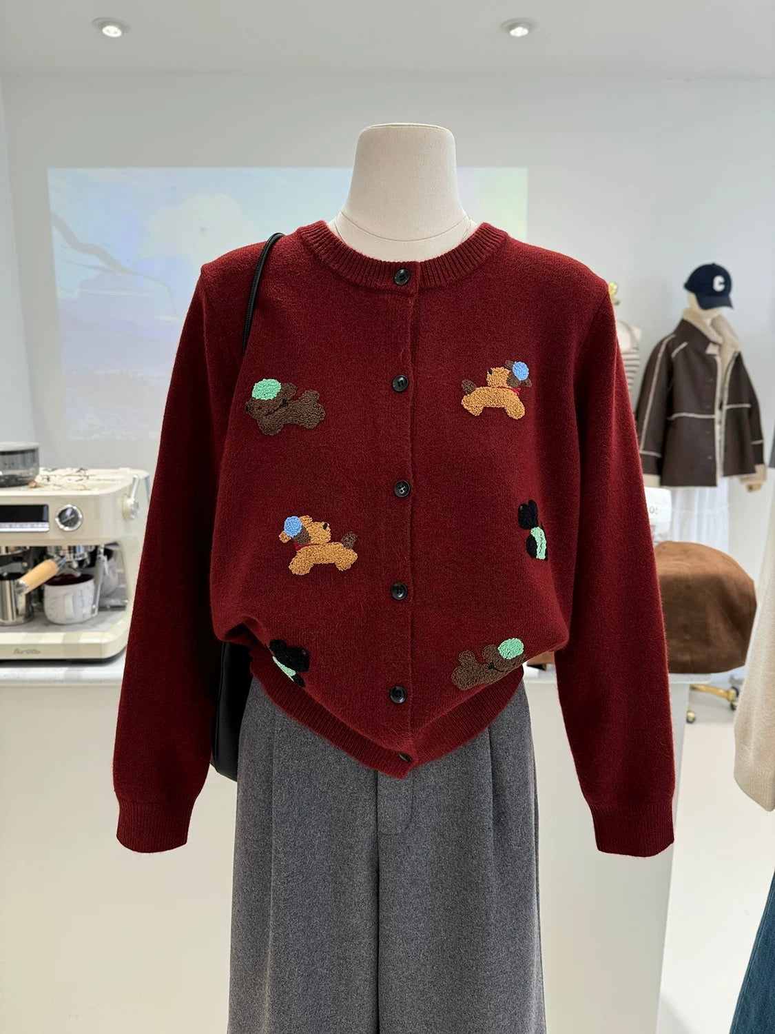 Winter versatile cartoon three-dimensional embroidery puppy Korean style loose age-reducing knitted sweater buttoned women's cardigan sweater jacket