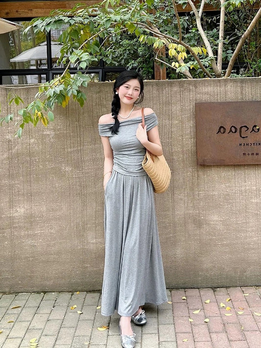 TIDE STUDIOS Korean style gray one-shoulder simple top for women summer slim drape skirt suit