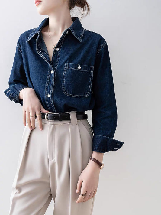 2024 early spring new denim retro blue shirt unique chic shirt professional commuting spring women's top