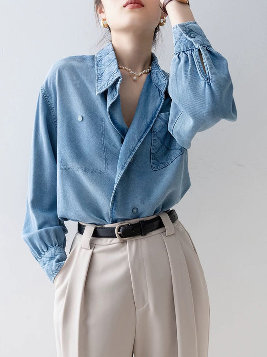 Retro Tencel Denim Shirt Women's 2024 New Spring Blue Polo Collar Top French Design Shirt