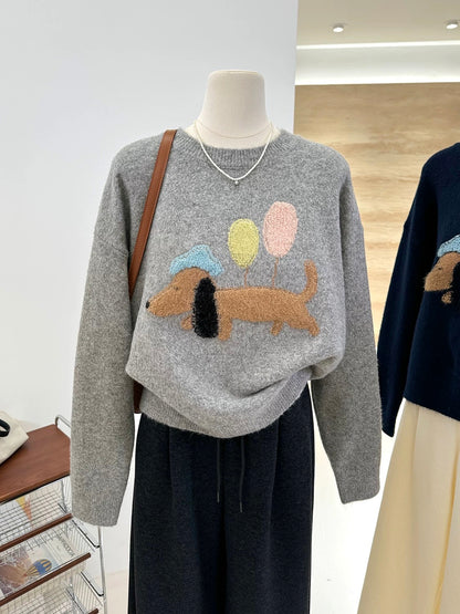 Autumn and winter foreign style warm Korean style soft and waxy cartoon balloon puppy jacquard loose pullover sweater women's top sweater