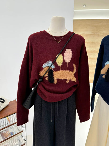 Autumn and winter foreign style warm Korean style soft and waxy cartoon balloon puppy jacquard loose pullover sweater women's top sweater