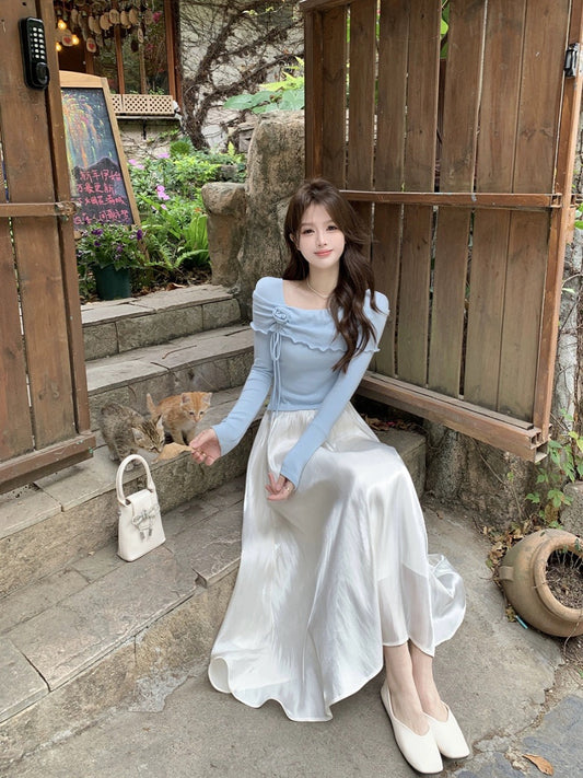 Gentle style suit for women three-dimensional rose long-sleeved T-shirt top spring elastic waist A-line skirt temperament two-piece set