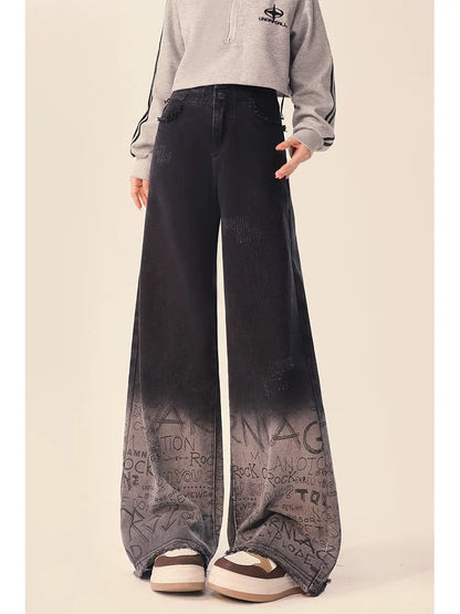 Black gradient jeans for women, early autumn design, thickened American high street straight casual wide-leg pants for small people