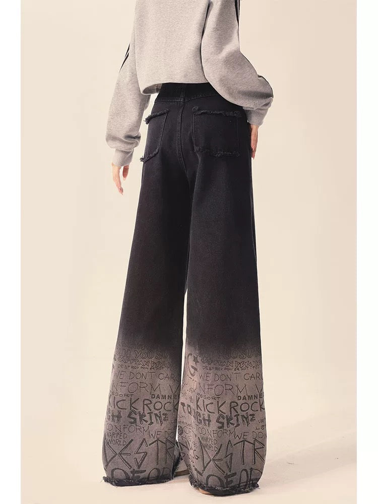 Black gradient jeans for women, early autumn design, thickened American high street straight casual wide-leg pants for small people