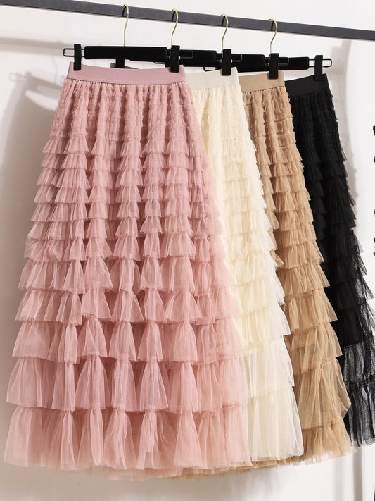 Fairy A-line mesh cake skirt for women 2024 spring and autumn new large size black long skirt fluffy and elegant skirt