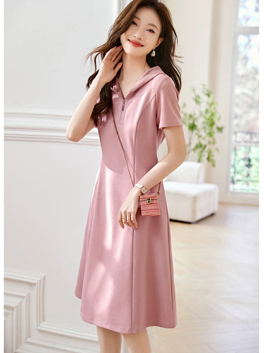 Mohan Yimei casual slimming hooded dress 2024 summer new style short-sleeved short-sleeved dress that covers the belly and looks slimming