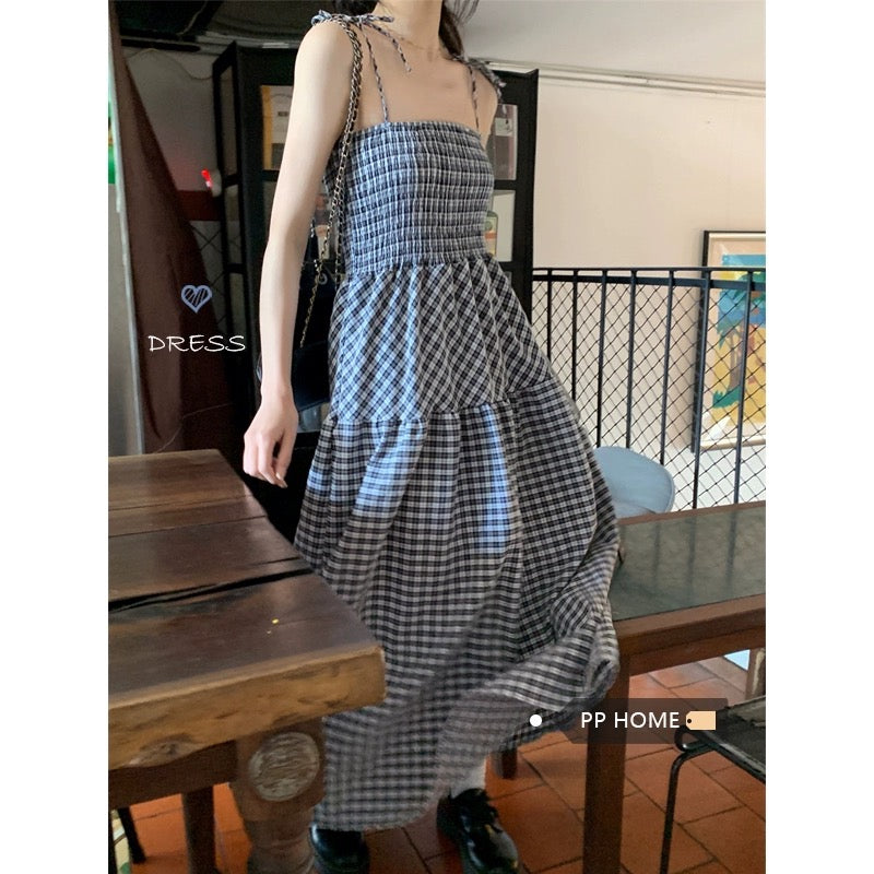 PPHOME Elegant Senior Sister~French Tea Break Plaid Dress Women's Summer Sweet Vacation Suspender Skirt A-Line Long Skirt