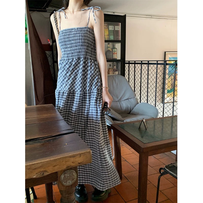 PPHOME Elegant Senior Sister~French Tea Break Plaid Dress Women's Summer Sweet Vacation Suspender Skirt A-Line Long Skirt