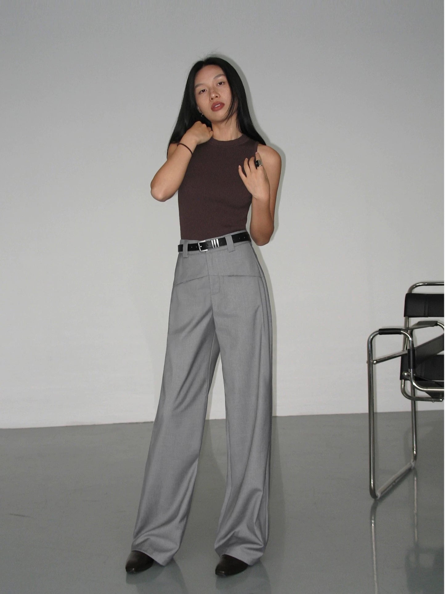 NEVA HU black high-waisted straight suit pants for women 2024 spring and summer new loose drape casual floor-length trousers