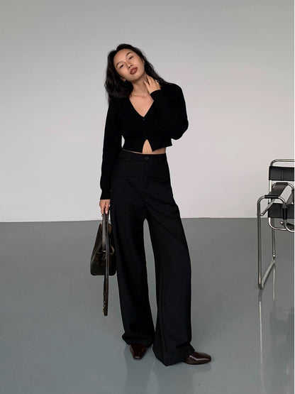 NEVA HU black high-waisted straight suit pants for women 2024 spring and summer new loose drape casual floor-length trousers