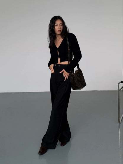 NEVA HU black high-waisted straight suit pants for women 2024 spring and summer new loose drape casual floor-length trousers