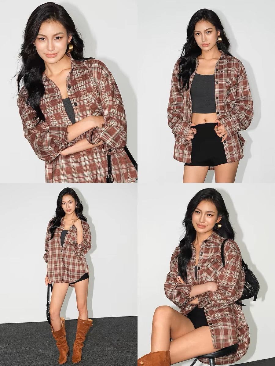 NEVA HU long-sleeved plaid shirt for women spring and autumn 2024 Korean style loose shirt jacket versatile casual top