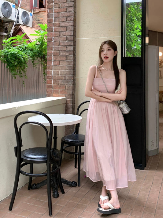 PPHOME Sweet Desire ~ Pink tube top suspender skirt for women summer fairy mesh dress holiday style long skirt